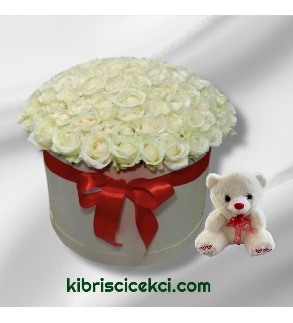 Kutuda 101 Beyaz Gül Ayıcık